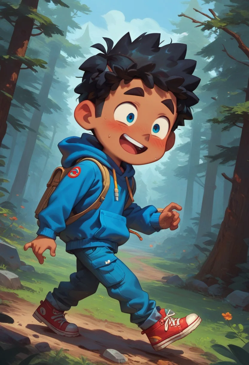 score_9, score_8_up, score_8, 1boy,max (camp camp), solo, hood, blue hoodie,, yellow shirt, blue pants, red shoes, curly black hair, dark skin, white ,cute, chibi, small body, barefoot((high_quality)), ((Super_Detailed)), cartoony, cartoon style, (by ardidon:1.2),max ((Super_Detailed)),camp background, cartoony, cartoon style, (by ardidon:1.2),max, dynamic angle, side view, view from the side, full body, excited face, fear face, blushing,