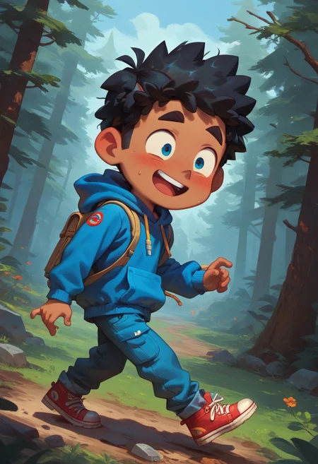 score_9, score_8_up, score_8, 1boy,max (camp camp), solo, hood, blue hoodie,, yellow shirt, blue pants, red shoes, curly black hair, dark skin, white ,cute, chibi, small body, barefoot((high_quality)), ((Super_Detailed)), cartoony, cartoon style, (by ardidon:1.2),max ((Super_Detailed)),camp background, cartoony, cartoon style, (by ardidon:1.2),max, dynamic angle, side view, view from the side, full body, excited face, fear face, blushing,
