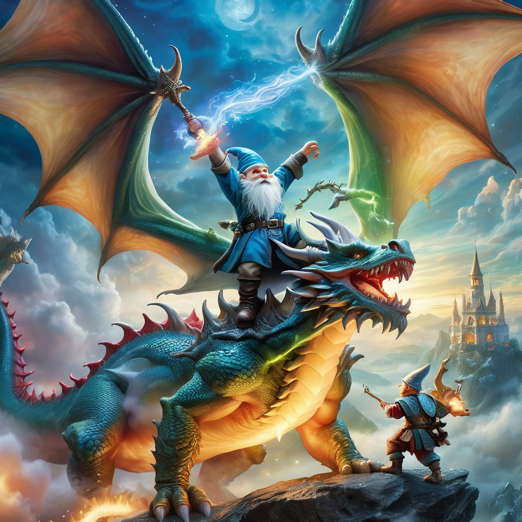 Fujifilm quality photograph (best quality)++, (masterpiece)++, (detailed)+, elf on the shelf fighting a Dragon, (fantasy illustration)1.3, enchanting Dragon battle elf on the shelf, mystical battle, (many gnomes battling)1.4 (whimsical charm).4 Otherworldly charm, mystical sky, (Luis Royo)1.2, (Yoshitaka Amano)1.1, moonlit night, soft colors, (detailed cloudscape)1.3, (high-resolution)1.2 (gnomes  battling everywhere)1.2 , <lora:DonM3t3rn1tyXL-v1.1:0.3> DonM3t3rn1tyXL <lora:DonMD1g174l4sc3nc10nXL:0.3> DonMD1g174l4sc3nc10nXL  <lora:Dragons:0.8> dragon  <lora:EnvyMagicalXL01:0.3> magical <lora:FantasyLandscape:0.8> FanLan