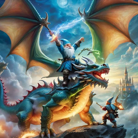Fujifilm quality photograph (best quality)++, (masterpiece)++, (detailed)+, elf on the shelf fighting a Dragon, (fantasy illustration)1.3, enchanting Dragon battle elf on the shelf, mystical battle, (many gnomes battling)1.4 (whimsical charm).4 Otherworldly charm, mystical sky, (Luis Royo)1.2, (Yoshitaka Amano)1.1, moonlit night, soft colors, (detailed cloudscape)1.3, (high-resolution)1.2 (gnomes  battling everywhere)1.2 , <lora:DonM3t3rn1tyXL-v1.1:0.3> DonM3t3rn1tyXL <lora:DonMD1g174l4sc3nc10nXL:0.3> DonMD1g174l4sc3nc10nXL  <lora:Dragons:0.8> dragon  <lora:EnvyMagicalXL01:0.3> magical <lora:FantasyLandscape:0.8> FanLan
