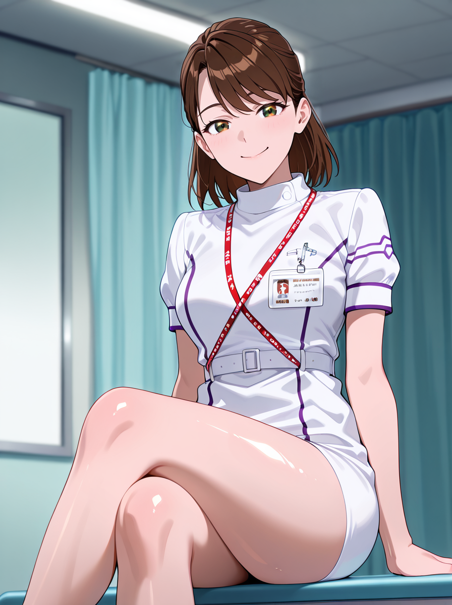 masterpiece, best quality, amazing quality, very aesthetic, absurdres, newest,shiny skin anime screenshot,  anime coloring,     <lora:PoppyIllust:1>1girl, solo, brown hair,  karinoasuna,brown_hair, short hair, nurse, id card brown_eyes smile looking at viewer, sitting crossed legs,