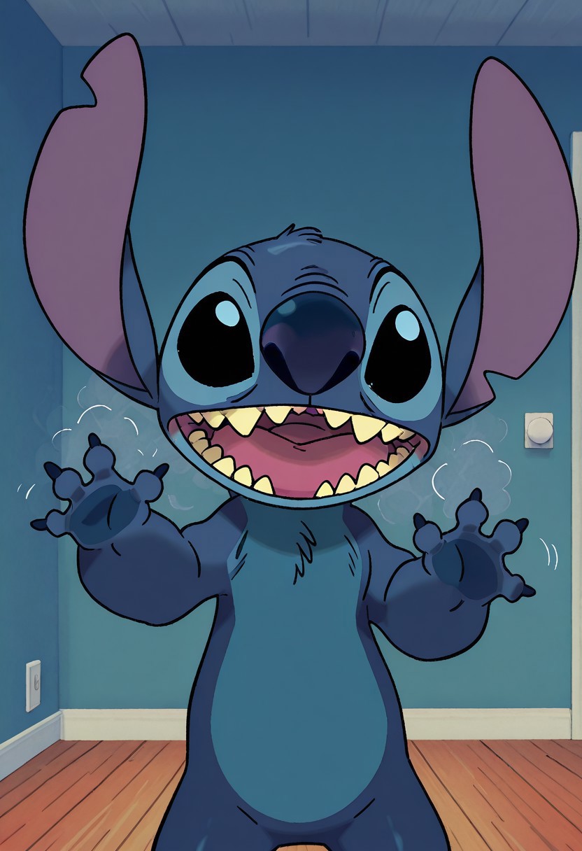 Sugimori, jaggy lines, official art, masterpiece, best quality, amazing quality, male, males only, male focus, solo, male, stitch , smell , looking at viewer, happy, open mouth, waving, cowboy shot, , indoors