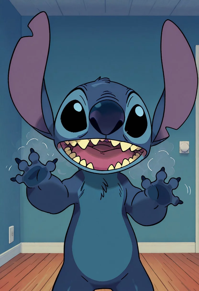 Sugimori, jaggy lines, official art, masterpiece, best quality, amazing quality, male, males only, male focus, solo, male, stitch , smell , looking at viewer, happy, open mouth, waving, cowboy shot, , indoors