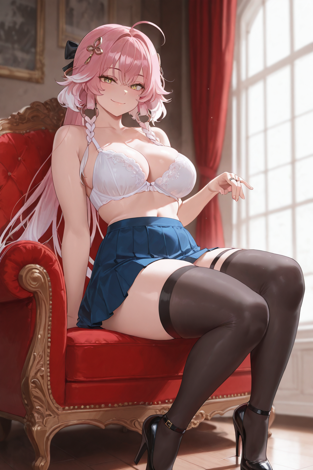 masterpiece,best quality,amazing quality,absurdres, <lora:Changli_Wuthering_Waves:1>, ChanDS, 1girl, ahoge, alternate costume, bare shoulders, black bow, black shoes, black thighhighs, blue skirt, bow, bra, braid, breasts, closed mouth, full body, hair bow, hair extensions, hair ornament, high heels, large breasts, long hair, looking at viewer, miniskirt, multicolored hair, navel, pink hair, ring hair extensions, shoes, skirt, smile, solo, stomach, thigh strap, thighhighs, thighs, twin braids, two-tone hair, underwear, white bra, white hair, yellow eyes