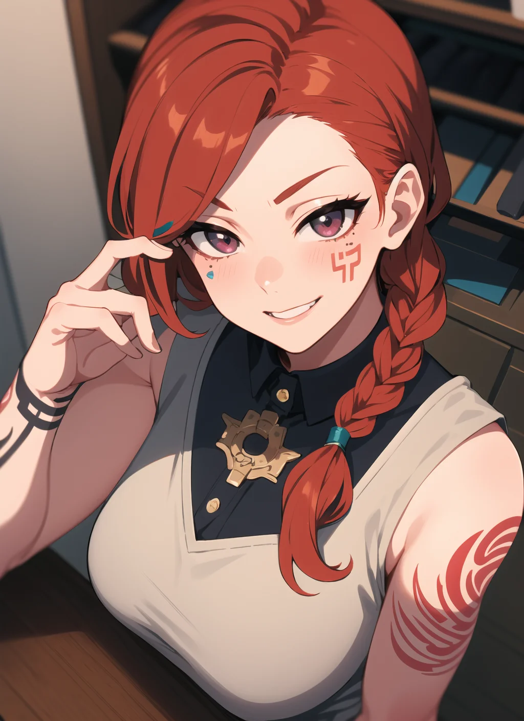 fisheye lens, from above,female focus,Norse ,mature female (masterpiece, high quality:1.2),upper body, gyaru,school girl,multicolored hair,red hair, braid, facial tattoo, dragon tattoo,smirk,eyeliner, blush,  VIKING TSUDERE GYARU WAIFU
