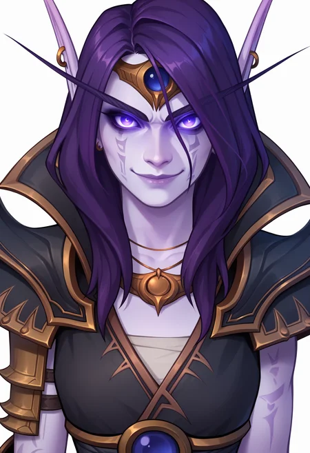 score_9, score_8_up, score_7_up, BREAK,
1girl, xalatah, purple hair, long hair, purple eyes, glowing eyes,
pointy ears, elf, earrings, colored skin, purple skin,
shoulder armor, armor,
upper body, evil smile, looking at viewer, solo, simple background, white background <lora:XalAtahXL_byKonan:1>