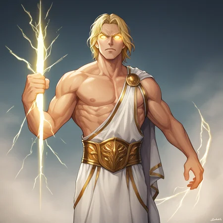 score_8_up, BREAK, holdingzeusthunderbolt, holding thunderbolt, 1boy, blonde hair, muscular, glowing eyes, white clothes, cowboy shot, <lora:HoldingZeusThunderBolt_PXL_Leaf1:1>