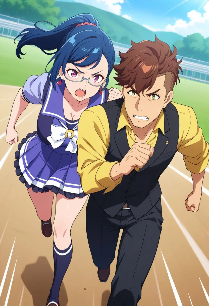 (masterpiece, best quality, newest, absurdres, highres),
white background, outdoors, horse racing track, running, looking at viewer, front-to-back,  full body, wind, leaning forward, sweat, vs, hand up, dutch angle, facing viewer, clenched hands, 
1girl, 
 <lora:toujou_hana:0.8> toujou hana, triangle earrings, white semi-rimless eyewear, 
purple eyes, blue hair, bangs, ponytail, makeup, lipstick, breasts, cleavage, red lips, tracen school uniform, 
open mouth, 
1boy, 
 <lora:team_spica_trainer:0.8> team spica's trainer, dark green eyes, asymmetrical bangs, undercut, 
brown hair, facial hair, short ponytail, thick eyebows, stubble, clenched teeth, yellow shirt, black vest, 
(motion lines, speed lines,  )