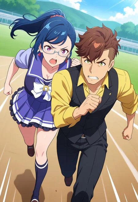 (masterpiece, best quality, newest, absurdres, highres),
white background, outdoors, horse racing track, running, looking at viewer, front-to-back, full body, wind, leaning forward, sweat, vs, hand up, dutch angle, facing viewer, clenched hands,
1girl,
<lora:toujou_hana:0.8> toujou hana, triangle earrings, white semi-rimless eyewear,
purple eyes, blue hair, bangs, ponytail, makeup, lipstick, breasts, cleavage, red lips, tracen school uniform,
open mouth,
1boy,
<lora:team_spica_trainer:0.8> team spica's trainer, dark green eyes, asymmetrical bangs, undercut,
brown hair, facial hair, short ponytail, thick eyebows, stubble, clenched teeth, yellow shirt, black vest,
(motion lines, speed lines, )