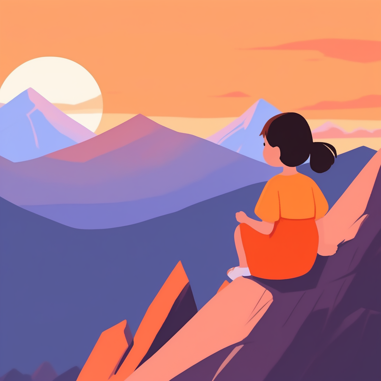 <lora:children huiben11-20231007-000006:0.75>,children's picture books,crayon paintings,white background,simple background,
A girl, facing the sunset, stands on a mountain. The beautiful sunset shines on the peaks and the girls on them, with an orange sky