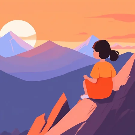 <lora:children huiben11-20231007-000006:0.75>,children's picture books,crayon paintings,white background,simple background,
A girl, facing the sunset, stands on a mountain. The beautiful sunset shines on the peaks and the girls on them, with an orange sky