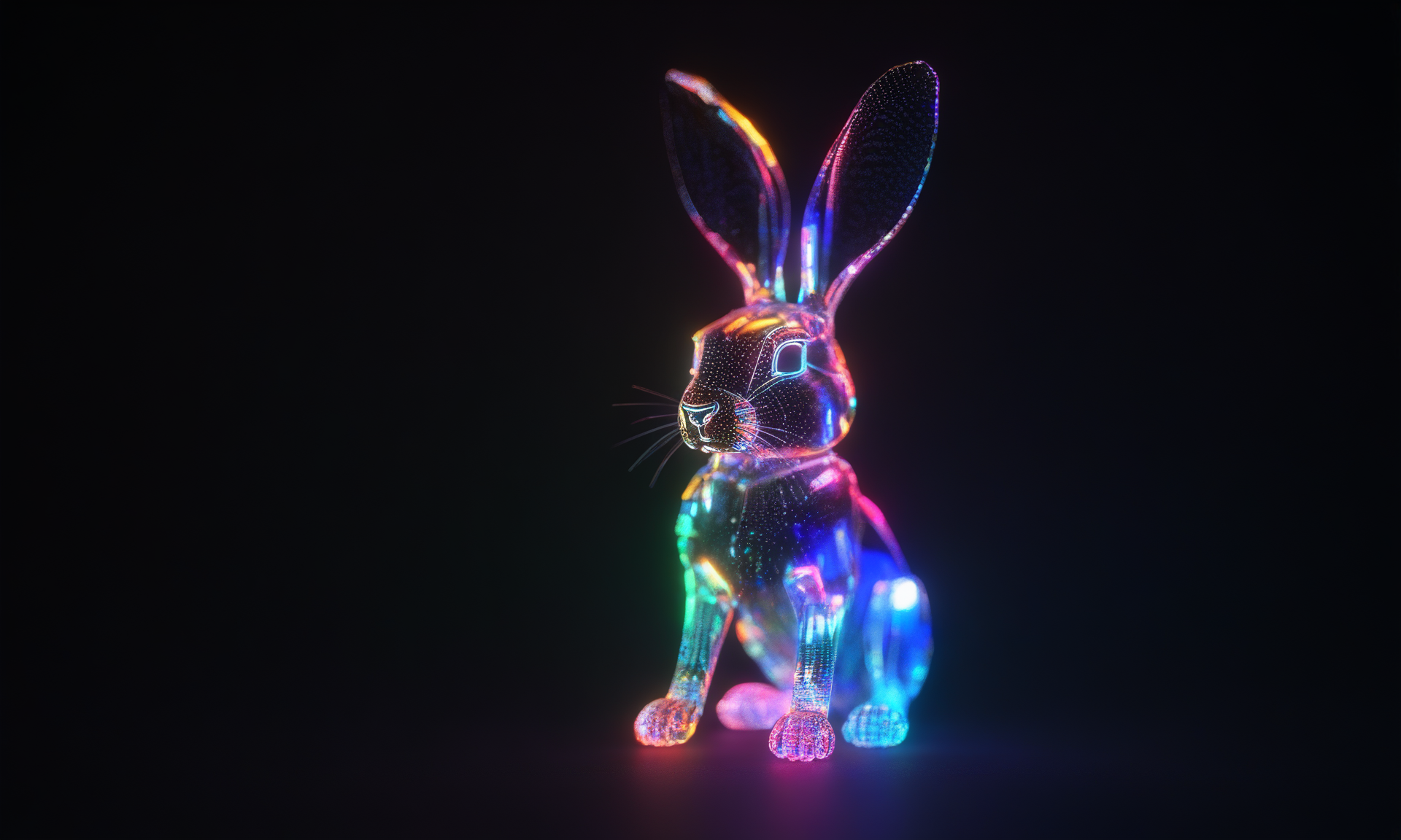 <lora:shineglasscd_xl-000005:0.7>,a (shineglasscd_xl,shine glass,neon lights,light particles,colorful:1.3,gradient,chromatic aberration) mechanical hare,no humans,long-focus,tilt-shift,dark background,simple background,full body,chinese zodiac,cutie,cute,still life,front view,facing viewer,looking at viewer, emotional,harmonious,high budget,moody,epic,gorgeous,perfect lighting,realistic,photorealistic,photographic,photo (medium),real,moody lighting,volumetric lighting,reality ray tracing,8K,HDR,UHD,masterpiece,best quality,highly detailed,high resolution,finely detail,extremely detailed,ultra detailed,wallpaper