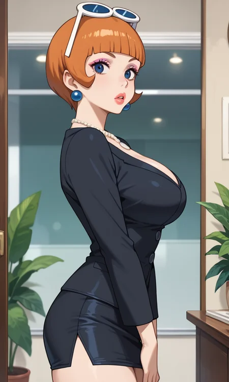 (1girl:1.5), (solo:1.3), (score_9, score_8_up, score_7_up, score_6_up, score_5_up, score_4_up), (source_anime), rating_questionable, looking at viewer, (cowboy shot:1.3), standing, indoors, building,
<lora:victoria_v1:0.9> (victoria), (dark blue eyes, orange hair, short hair, bob cut, blunt bangs, eyelashes, lips, lipstick, parted lips, makeup, eyeshadow, earrings, necklace, eyewear on head), (large breasts),wide hips,
(black suit, black skirt, miniskirt, pencil skirt), (side view:1.3), (from side:1.3)