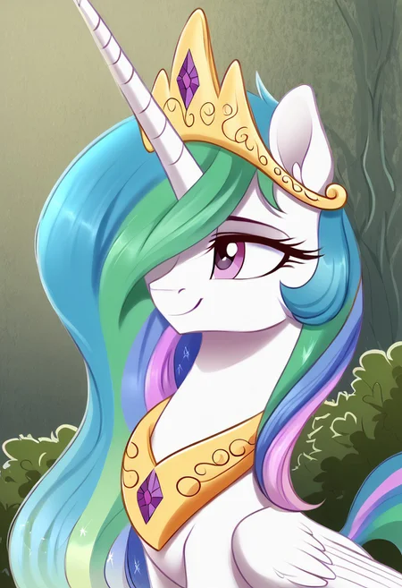 masterpiece, score_9_up, score_8_up, score_7_up, score_6_up, (best quality:1.1), ultra-detailed, high resolution, 1character, Selestia, princess Equestria, alicorn, mlp, woman, feral, white skin, (hair over one eye, one eye covered), <lora:celestia:1>, long eyelashes, single horn, wings of the Alicorn ears, closed mouth, detailed facial features, expressiveh, Equestria background, highly visible, sharp focus, anatomically correct, Equestria at War, Portrait of the leader, gas plant, looking at the camera, Tired smile,