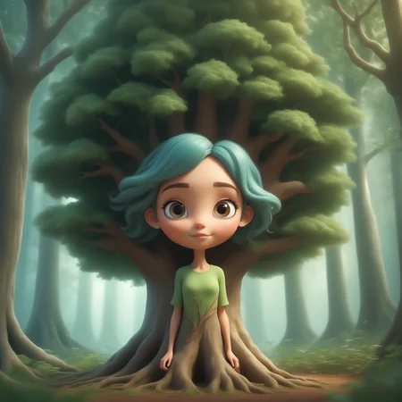(disney pixar 3d cartoon style:1.2) (cute adorable:1.1)  portrait of a [perfect big tree in the forest|attractive 19 year old woman:0.01], tree human transformation, anthropomorphic tree character, the girl and the tree are fused and merged  zoomed out, wide angle shot