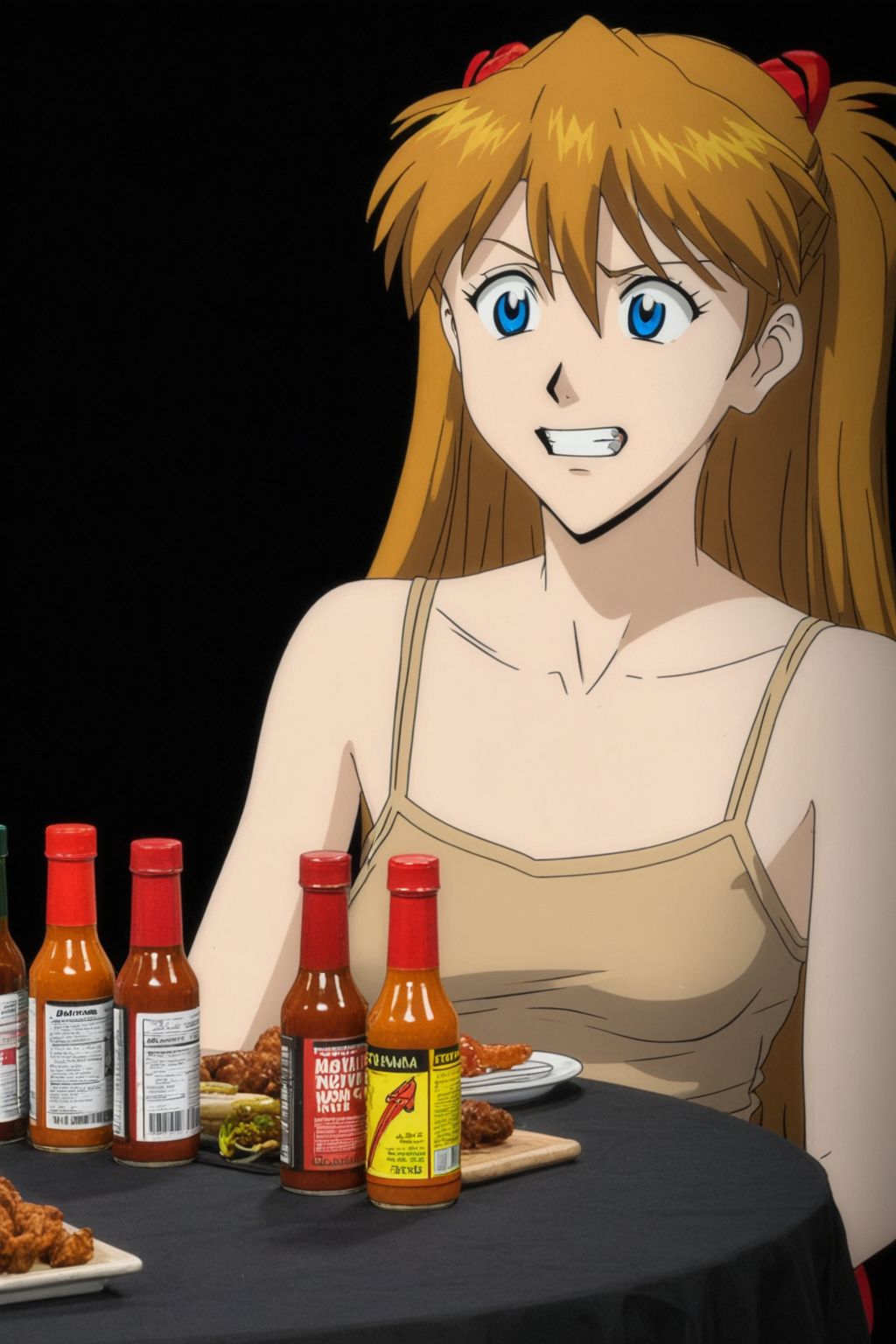 animation of asuka langley soryu, long hair, bangs, blue eyes, brown hair, hotones, closeup, 1girl, solo, beige sleeveless dress, spaghetti straps, sitting, bottles of hot sauce, plate of hot wings on table, black background, looking at someone, happy, smiling