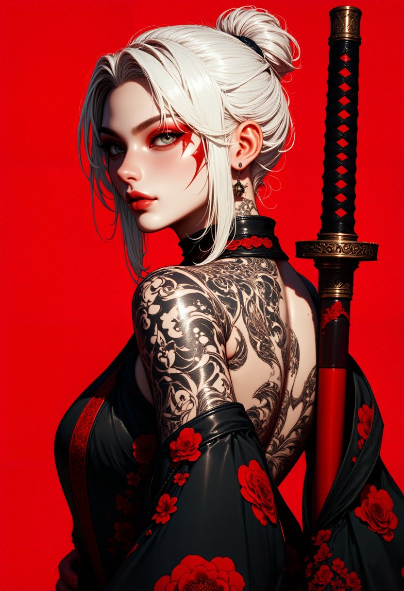 G0thicL1nes, Highly detailed and dramatic digital artwork featuring a stylized portrait of a woman with striking features. She has pale skin and long, white hair styled in a loose bun. Her facial features are sharp, with intense red eye makeup and a red streak across her cheek, adding a dramatic effect. The woman is adorned with intricate tattoos covering her back and shoulders, depicting various artistic designs. She is wearing a black garment with red floral patterns, which contrasts with the vivid red background. A katana with a black and red handle is positioned behind her, adding to the overall theme of strength and elegance. The composition is bold and visually striking, emphasizing the character's fierce and enigmatic presence.  <lora:FluxMythG0thicL1nes:1>