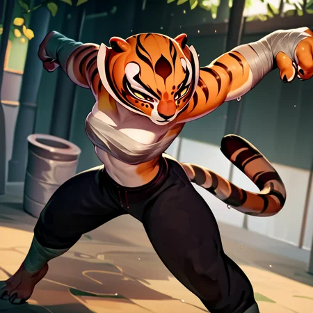 score_9, score_8_up, score_7_up, score_6_up, score_5_up, score_4_up, source_anime, Tigress, furry, open eyes, bandages, tube top, dynamic pose fighting