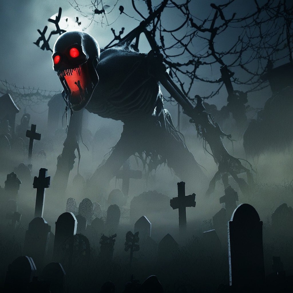 source_anime, source_game, score_9, score_7_up, (CR33P1NGF0G, fog), Scream_(movie), (ghostface), fog, dark, night, haze, 1man, skeletal, long jaw, sharp teeth, ooze, slime, scenery, cemetary, open grave, dirt, headstones, monolith, graveyard, tomgbstone, monster, red eyes, glowing, detailed, the_witcher_3 , detailed background, (halloween)