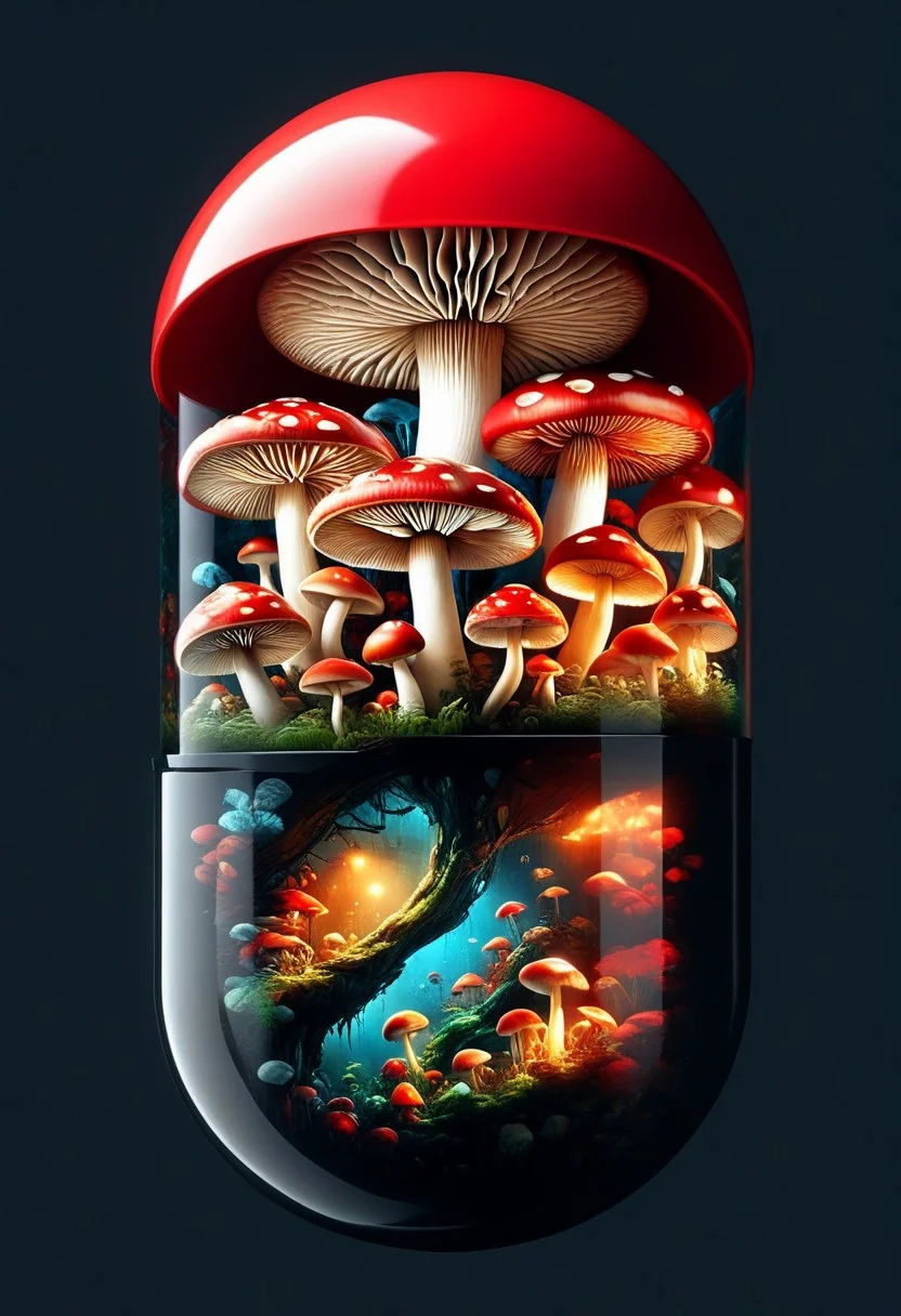 mushroom, mushroomworld inside pill.
perfection style, simple background, dark background, focus on pill,
perfection style, vivid colors, colorful, vivid background, midjourneyv6.1, red pill, inside the pill, partially transparent, large pill that opens to reveal, mushroom