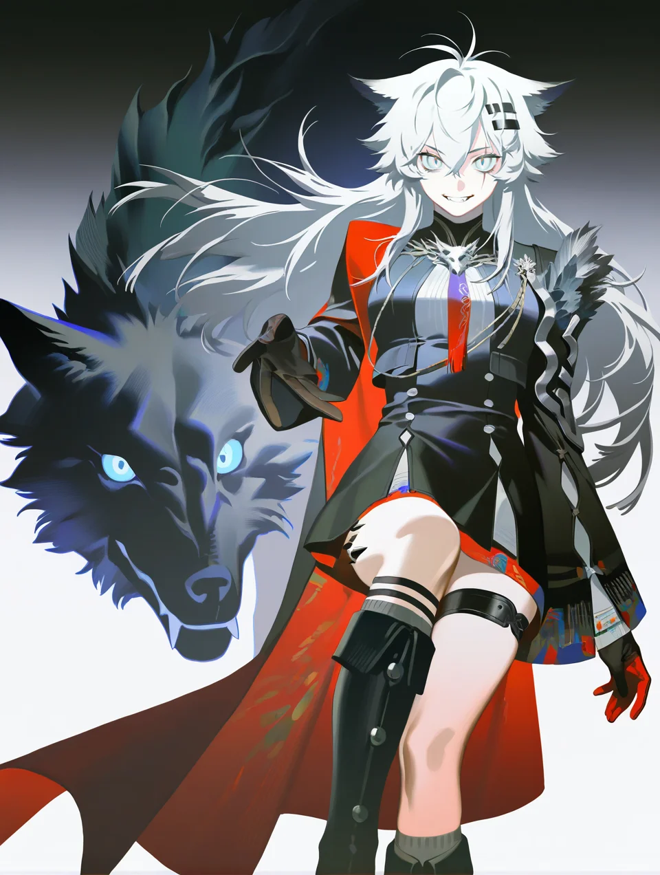 (artist:nababa:0.9),artist:rei (sanbonzakura),
masterpiece,amazing quality,best quality,very aesthetic,highres,absurdres,perfect composition,detailed,uncensored,
<lora:Decadenza-Noobai-v1.1:1>,lappland the decadenza \(arknights\),white hair,grey eyes,long hair,very long hair,hair between eyes,antenna hair,messy hair,scar across eye,animal ears,wolf ears,hairclip,wolf girl,
brooch,necktie,white background,white shirt,jacket,black jacket,open jacket,long sleeves,fur trim,cape,two-sided fabric,two-sided cape,short dress,black dress,thigh strap,oripathy lesion \(arknights\),socks,grey socks,knee boots,black footwear,gloves,
simple background,gradient background,
1girl,solo,
evil grin,grin,fangs,teeth,looking at viewer,
wolf,reaching towards viewer,dynamic pose,