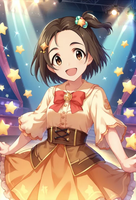 score_9, score_8_up, score_7_up, source_anime,yanase miyuki, short hair, brown hair, brown eyes, one side up, 1girl, solo, smile, stage, open mouth, hair ornament, bow, looking at viewer, star (symbol)