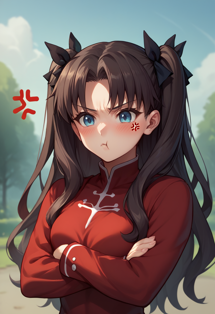 score_9, score_8_up, score_7_up, source_anime, upper body, outdoors, 1girl, pout, :t, closed mouth, <lora:Pout_XLPD:1.2>, tohsaka rin, anger vein, blush, crossed arms,