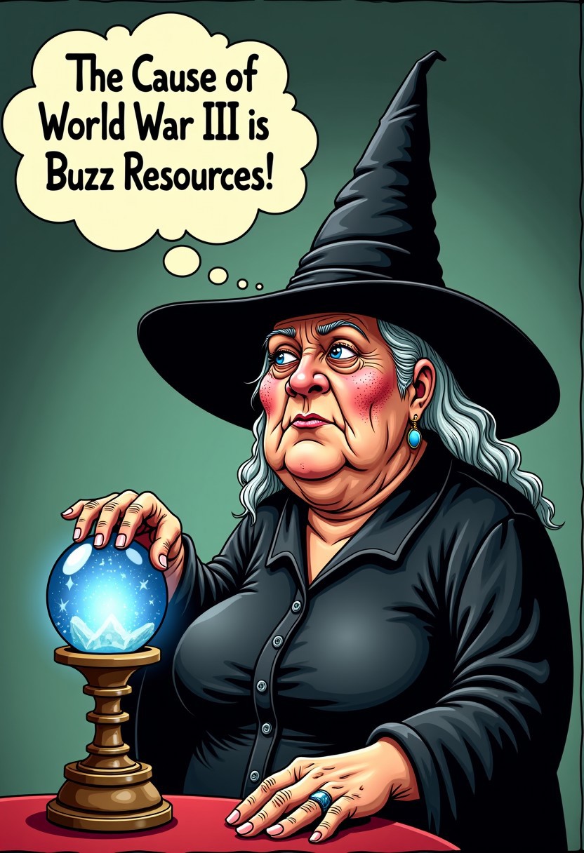 (a fortune teller, fat old women with ugly face face with lots of warts, wearing a black witch outfit, wearing black withc hat, holding a crystal fortune telling ball in front of her, and a thought balloon that says "The Cause of World War III is Buzz Resources!":1.6), (ensure the text must be clearly visible and perfectly correct and accurately written:1.6),
BREAK, 
masterpiece, best quality, ultra-detailed, ultra realistic, 8k, RAW photo, perfect composition, perfect colors, colorful, clear photo, highest resolution, uncanny realism, immaculate micro-details, professional photography, analog photo, shot on Canon EOS 5D VI, Fujicolor Pro, radiant god rays, dreamy haze, Photographers collaboration by Oleg Oprisco and Tim Walker,