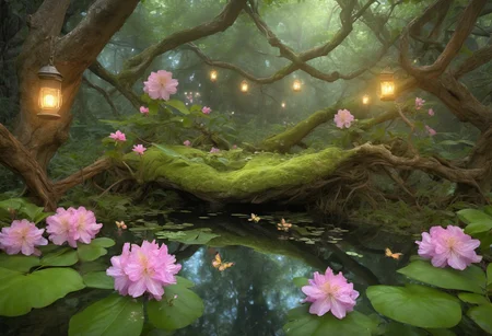 photo of fl0rRos1ta flower bush, in a hidden glen, ancient trees with faces, glowing fireflies, serene pond, enchanted atmosphere, fairy tale wonder, ultra-realistic, film-like <lora:fl0rRos1ta_XL_epoch_8:0.8>