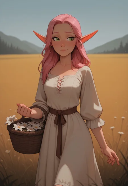 masterpiece, best quality, amazing quality, very aesthetic, DISNEY_ANIMATION, incoth, (incase:0.6), female, solo, (depth of field), medieval setting, field, day time

elf, pink hair, green eyes, cute face, slender, small breasts, long hair swept to one side, short elf ears, short ears,

simple dress,

walking in field, holding a basket of flowers,