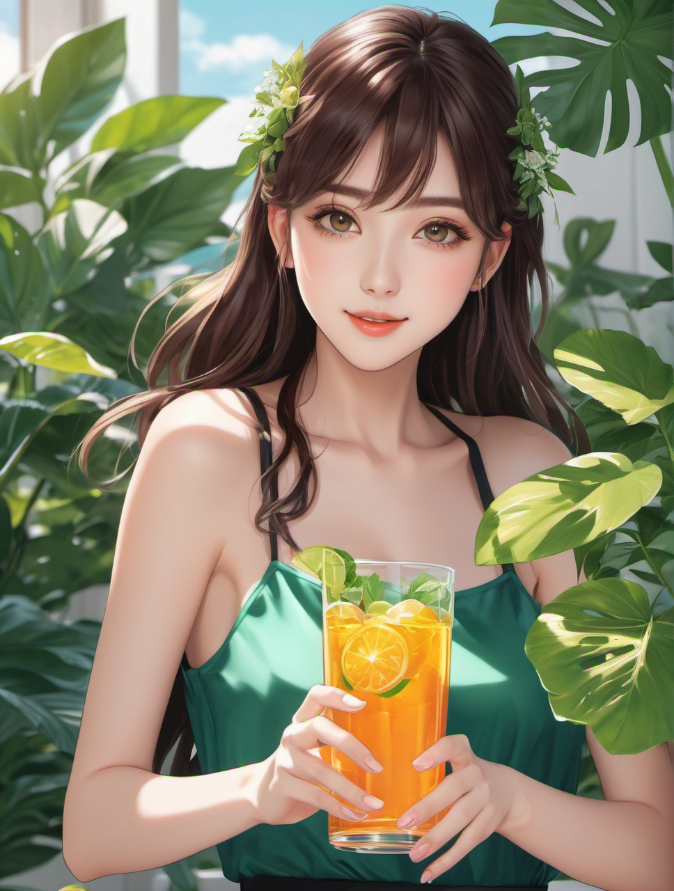 comic   <lora:cherryPickerXL_v20.FFai.lora:1>  (High quality Professional Photo:2) (Ultrarealistic:2),a glass pitcher with a plant inside of it, anime girl drinks energy drink, sprite art, anime visual of a cute girl, made with anime painter studio, splash art anime, anime art, (anime girl), beautiful anime girl, beautiful anime art, beautiful anime artwork, anime picture, beautiful anime woman, made of drink, anime goddess, anime illustration,ultra-realistic smooth edges, ((antialiasing smooth edge quality:1.2)),anti-aliasing    . graphic illustration, comic art, graphic novel art, vibrant, highly detailed