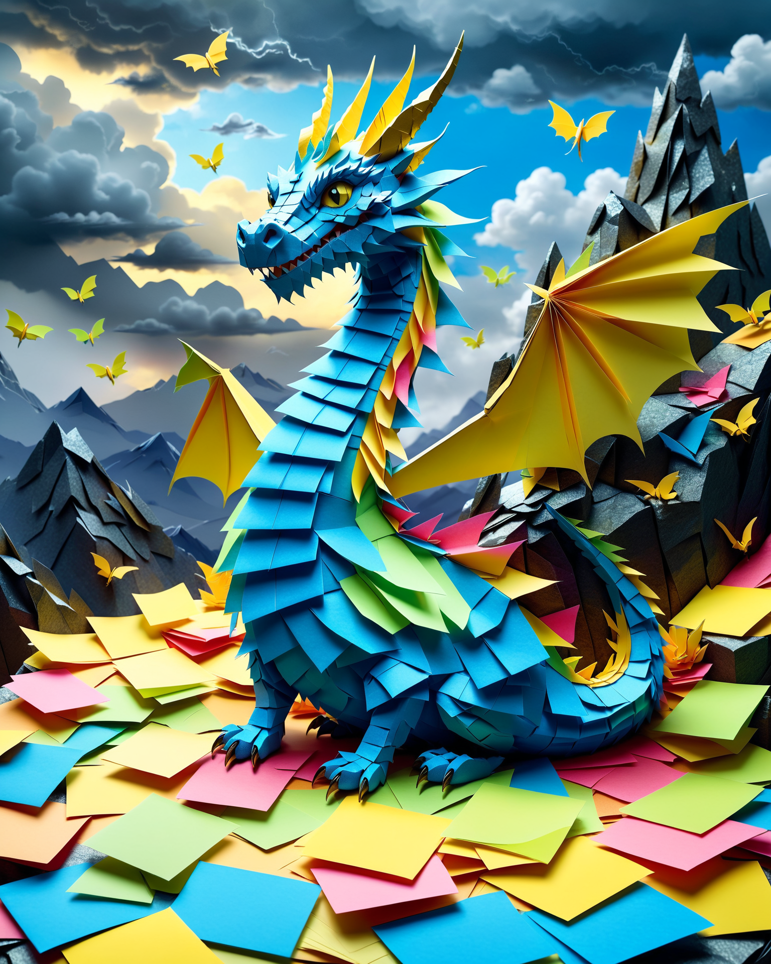(masterpiece:1.2), (best quality:1.2), highly detailed, realistic texture, sharp details, extremely delicate and beautiful, realistic cg 8k wallpaper
<lora:add-detail-xl:2> <lora:StickyNotesStyle:0.7>  <lora:TQ_-_Paper_Quilling_Art_XL_r1:0.6> (cute:1.2), whimsical, Jed-StickyN, 
 a sticky note dragon coiled around a mountain made from stacked notes, wings shimmering with golden and blue post-its, dramatic storm sky above, cinematic lighting