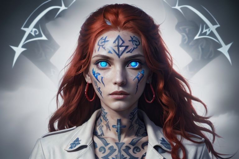 bright red hair, human female, (feminine:1.7), (beautiful face, detailed face:1.6), (beautiful eyes, detailed eyes:1.7), (looking at viewer, eye contact, intense:1.6), (long hair, red hair, curly hair:1.3), , ((masterpiece, best quality, high resolution, realistic, best quality,)), photo realistic, Perfect Face, (detailed face). <lora:GoodHands-vanilla:0.6> <lora:add-detail-xl:0.8>, mage, (Dress White military uniform coat), dagger, rune dagger, glowing runes, , (((glowing magic symbols tattoos, religious tattoos))), ((face tattoos)), glowing tattoos, stone tower in the background
