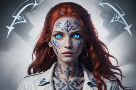 bright red hair, human female, (feminine:1.7), (beautiful face, detailed face:1.6), (beautiful eyes, detailed eyes:1.7), (looking at viewer, eye contact, intense:1.6), (long hair, red hair, curly hair:1.3), , ((masterpiece, best quality, high resolution, realistic, best quality,)), photo realistic, Perfect Face, (detailed face). <lora:GoodHands-vanilla:0.6> <lora:add-detail-xl:0.8>, mage, (Dress White military uniform coat), dagger, rune dagger, glowing runes, , (((glowing magic symbols tattoos, religious tattoos))), ((face tattoos)), glowing tattoos, stone tower in the background