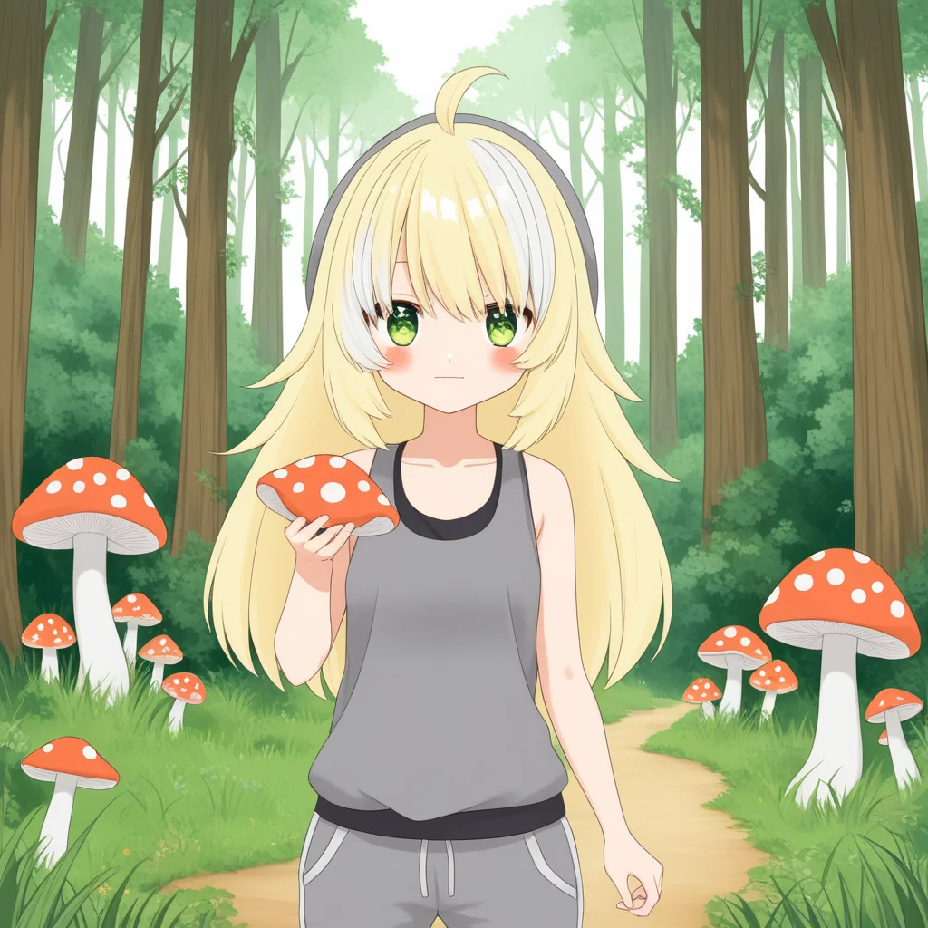 inis, blonde hair, ahoge, streaked white hair, green eyes, virtual youtuber, solo,
anime drawing, grey joggers, tank top, forest, grabbing a mushroom,
<lora:INIS-XL-t2-000003:0.6>