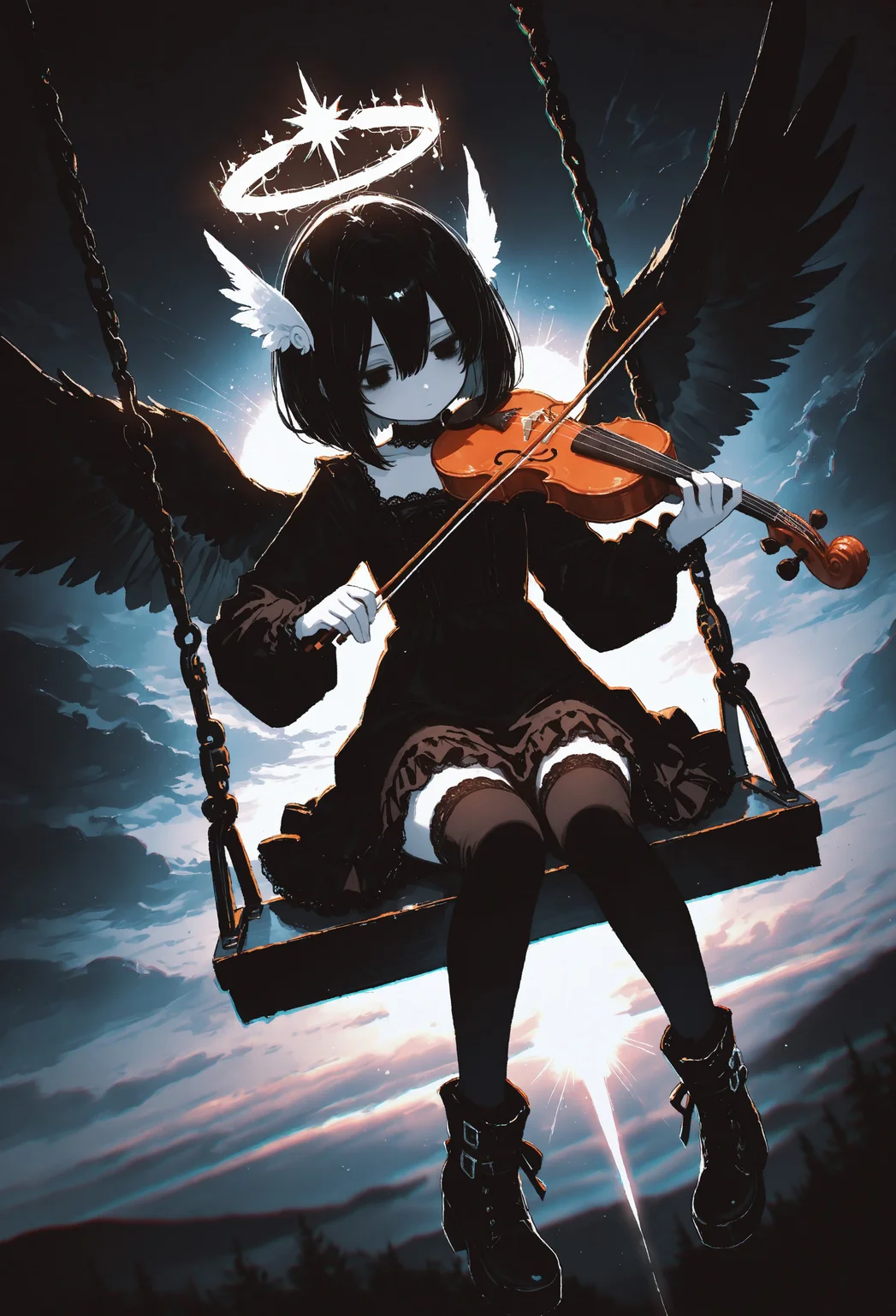incredibly absurdres, highres, masterpiece, newest,best quality, very aesthetic, absurdres, newest, 8k, HDR, focused subject, oc-chan_(ketopon), 1girl, solo, black hair, bob cut, hair between eyes, feather hair ornament, black eyes, solid eyes, expressionless, looking down, head tilt, pale skin, goth fashion, frilled dress, high collard,lace trim, square neckline, black tighhighs, zettai ryouiki, ankle boots, pigeon toed, feathered wings, sitting on swing, playing violin, musical notes, dutch angle, full body, clouds, sky, blurry background, sunlight, light rays, bloom, raytracing, dark theme,chromatic aberration, limited palette, backlighting, intricate, no lineart, no outline,painterly, blending, monochrome, 15546+456868, 0010011_illu,celestial halo crown