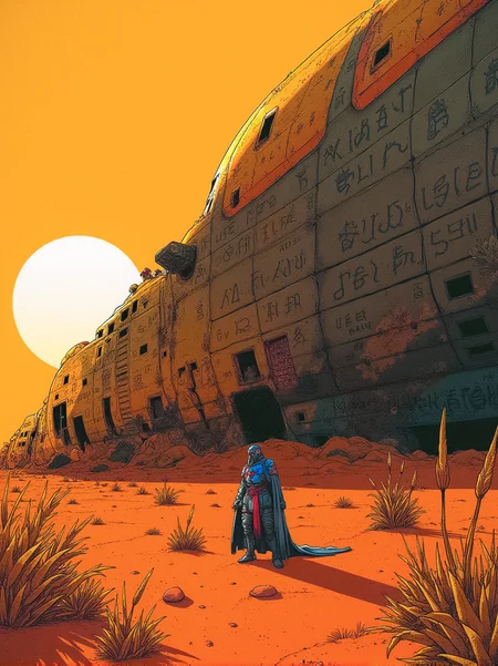 "A post-apocalyptic wasteland where remnants of ancient alien civilizations are scattered across the desert. A lone scavenger, clad in patchwork armor and a tattered cloak, explores a massive, half-buried spaceship. The sun is setting, casting long shadows and bathing the scene in a warm, golden light. The spaceship's surface is covered in alien glyphs, and strange plants have begun to grow from the cracks in the metal." <lora:lora_flux_24gb:1.3>