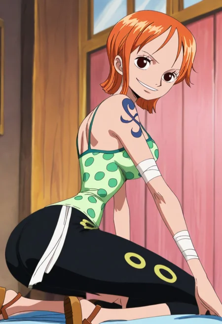 score_9, score_8_up, score_7_up, ultra quality, solo, 1girl, arlong_park,nami (one piece), orange hair, short hair, brown eyes, breasts, shoulder tattoo, green camisole, dot print, capri pants, black pants, sandals, bandages, smile, butt focus, big hips, big butt, bubble butt, curvy, narrow waist, kneeling, looking to the viewer, close up, screencap
