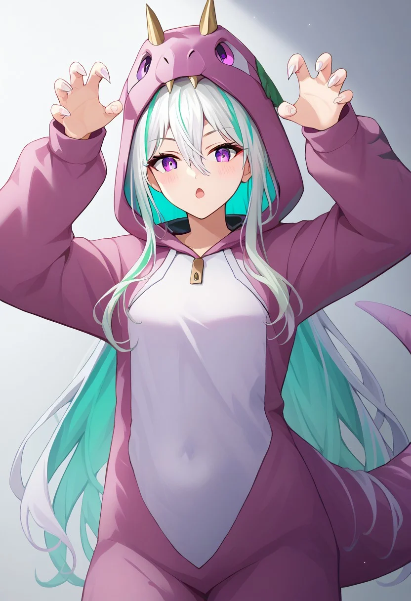 score_9, score_8_up, score_7_up, score_6_up, score_5_up, score_4_up, source_anime, 1girl, alternate costume, animal costume, arms up, claw pose, cosplay, dinosaur costume, green hair, hair between eyes, kigurumi, light blush, long hair, long sleeves, multicolored hair, open mouth, purple eyes, solo, standing, streaked hair, tail, white hair, kearsd, good_hands