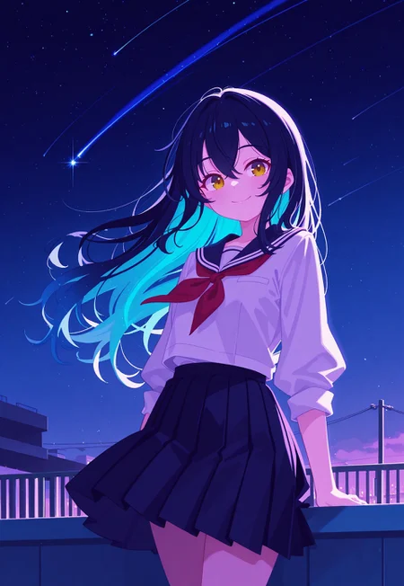 safe_pos, masterpiece, best quality, good quality, newest, highres, absurdres, volumetric lighting,gradient color,
1girl,long hair,hair between eyes,amber eyes, white blouse, a pleated skirt, and a red neckerchief,,standing at the edge of a school rooftop,smiles,blue ombre tips ,gazing at the stars,gentle breeze, hair flowing, night, shooting star streaks across the sky,starry night,flat color,no lineart