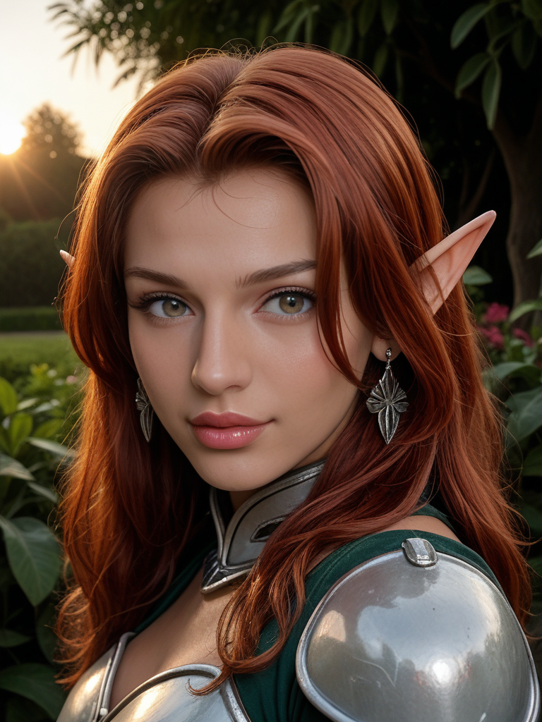 face focused, magic hour, photography, warm light, sunset, movie still, ultra detailed, portrait, BREAK
score_9, score_8_up, score_7_up, Danyelle3V4ngelista , Danyelle Evangelista,<lora:Danyelle3V4ngelista-000009-pony:1>,  1girl, solo, (auburn hair), (olive skin), portrait, shiny lipgloss, lips, vintage aesthetic, elf, elf ears, white armor, diadem, solo, blush, looking at viewer, bokeh, focus, film, velvia, film grain, best quality, photograph, focus, earrings, garden