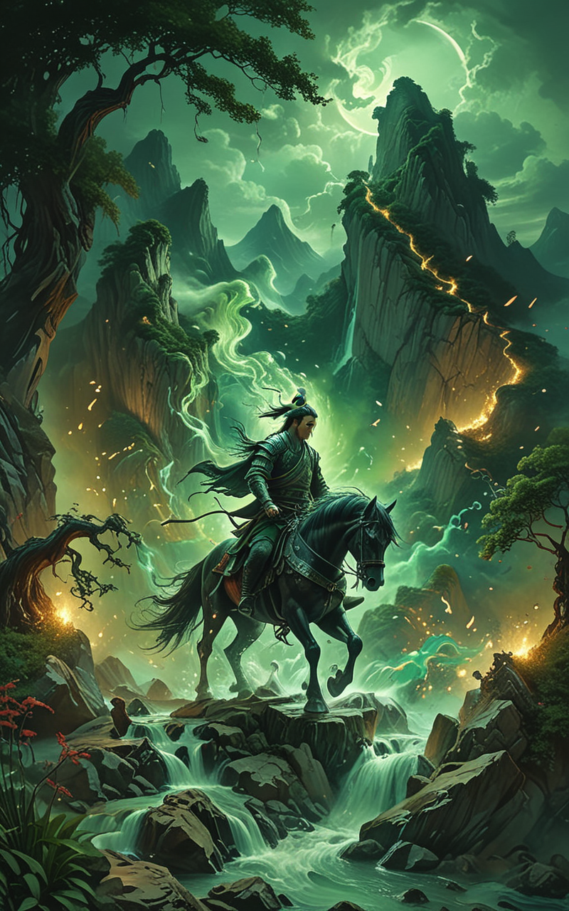 (Wuxia:1.5),(Surrealism:1.5),epic composition,stunning intricate details,glowing,dragons and horses,verdant mountains and rivers,heroes roam.
masterpiece,best masterpiece,