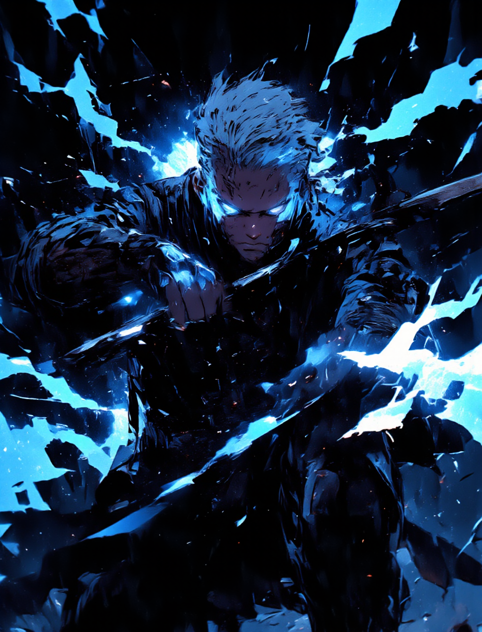 A man with slicked-back gray hair holding a katana with both hands, a man wearing a long black coat. Close-up of a man attacking with a sword, cutting through the darkness. a masterpiece, a cinematic frame, a flash of blue energy in the form of linear rays, a minimalistic black background in the form of broken glass. cinematic lighting, a face illuminated by flashes of light, masculine facial features expressing strength and a sparkle in the eyes. <lora:CPA:0.8> ,<lora:anime_martzv2:0.5> anime_martz, <lora:FluxMythP0rtr4itStyle:0.6> ,mythp0rt, <lora:lora:1> ,dmc5vergil, black coat, fingerless gloves, pants, <lora:MJanime_Flux_LoRa:1>, Anime style