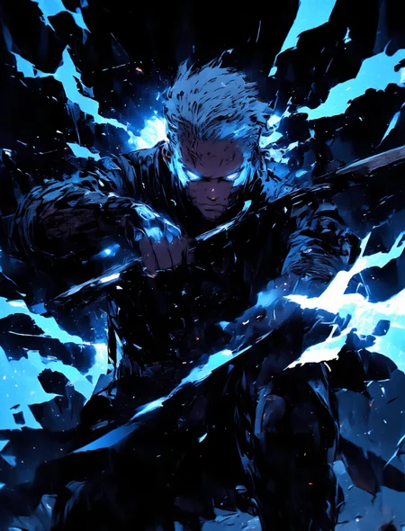 A man with slicked-back gray hair holding a katana with both hands, a man wearing a long black coat. Close-up of a man attacking with a sword, cutting through the darkness. a masterpiece, a cinematic frame, a flash of blue energy in the form of linear rays, a minimalistic black background in the form of broken glass. cinematic lighting, a face illuminated by flashes of light, masculine facial features expressing strength and a sparkle in the eyes. <lora:CPA:0.8> ,<lora:anime_martzv2:0.5> anime_martz, <lora:FluxMythP0rtr4itStyle:0.6> ,mythp0rt, <lora:lora:1> ,dmc5vergil, black coat, fingerless gloves, pants, <lora:MJanime_Flux_LoRa:1>, Anime style