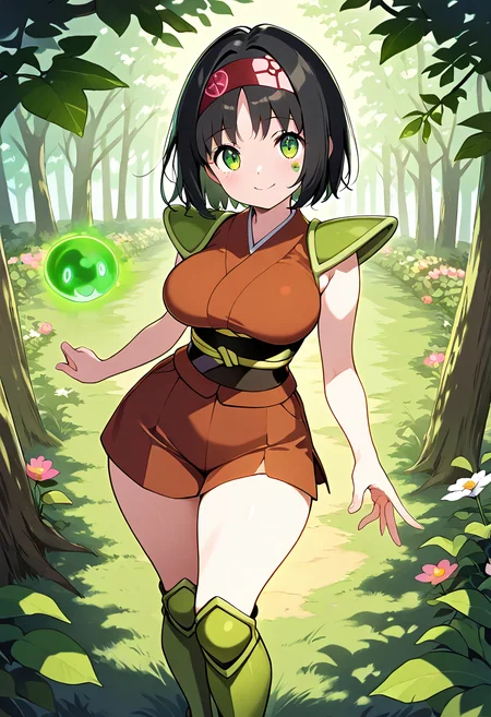 masterpiece, best quality,  curvy, beautiful eyes, narrow waist, wide hips, smile, looking at viewer, dynamic angle, foreshortening, close up,     zzErika, erika (pokemon), green eyes, short hair, black hair, red hairband,    <lora:ErikaPokemon_IXL:1.0>  [Bloomwarden Herald], sleeveless tunic made of stitched leaves, bark-textured shoulder pauldron, flower-crowned helm, vine-covered greaves, moss-caped back mantle, glowing pollen orb held aloft, garden temple overrun with roots, radiant pose, soft glow on cheeks, peaceful demeanor,
