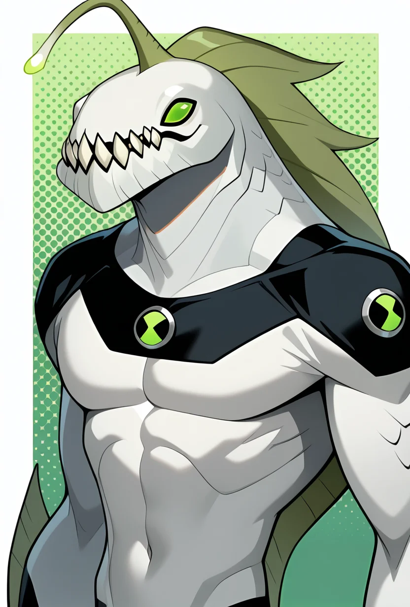 <lora:ripjawsov-10:1> ripjawsov, no humans, sharp teeth, teeth, colored skin, monster, pale skin, angler fish lure, green eyes, small eyes, , monster boy, claws, digimon (creature), fins, , square jaw, light green background, masterpiece, best quality, amazing quality, very aesthetic, absurdres, newest,, upper body, halftone effect, white borders, abstract background:1.2,