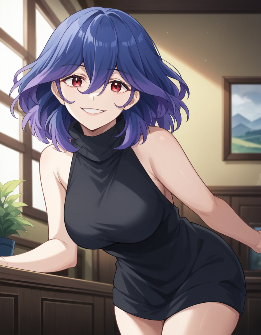 score_9, score_8_up, score_7_up, source_anime,
vermeil, <lora:vermeil-s1-ponyxl-lora-nochekaiser:1>,
vermeil, red eyes, hair between eyes, blue hair, purple hair, multicolored hair, medium hair,
sweater, bare shoulders, sleeveless, turtleneck, black sweater, thighs,
indoors, bent over, smile,
looking at viewer, cowboy shot, solo, dutch angle,