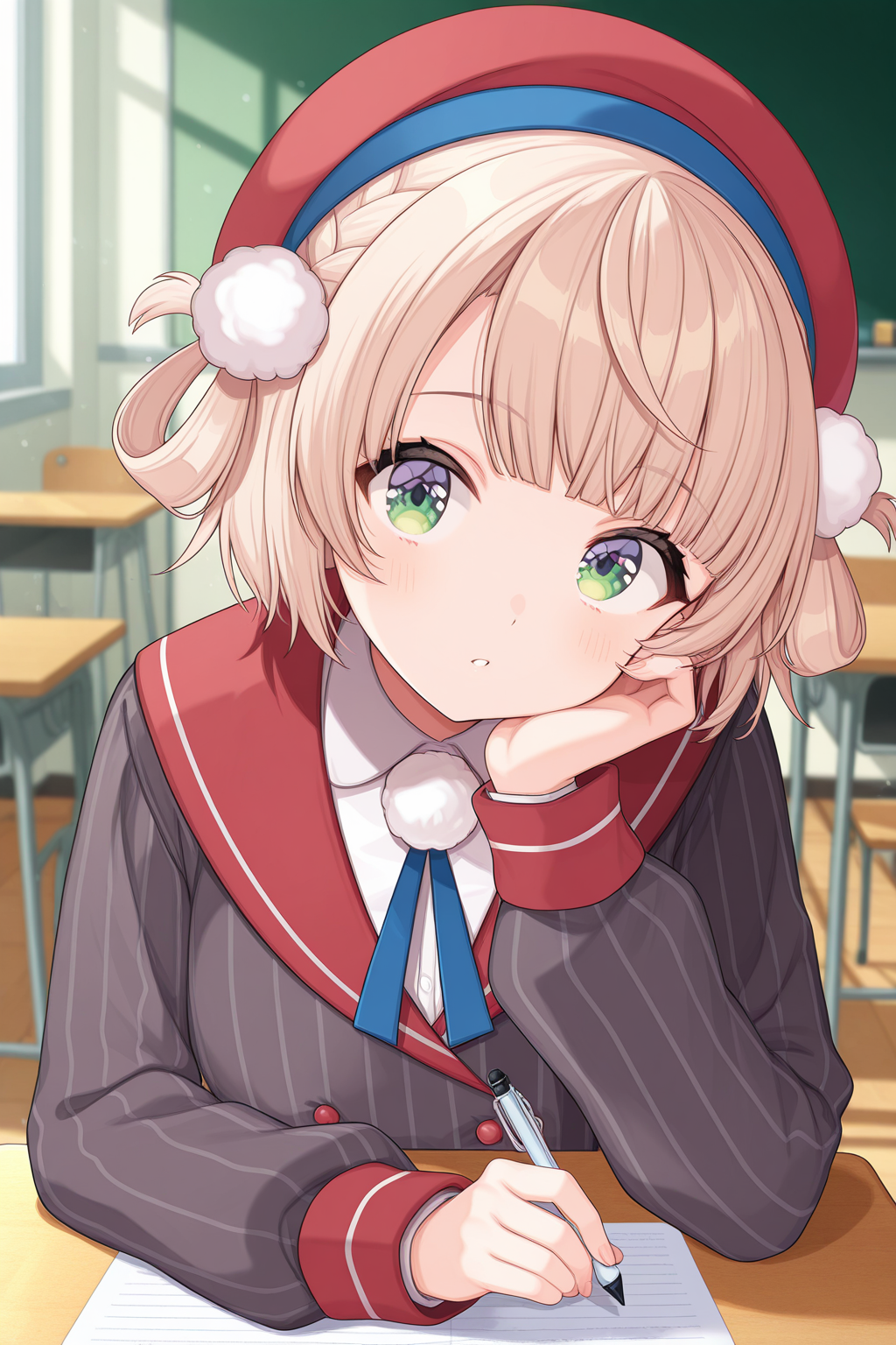 1girl,
ShigureUiVTuber1stCostume, 
safe, solo, upper body,
beret, side braid, hair rings, pom pom hair ornament,
shiny hair,
red sailor collar, neck ribbon, pom pom (clothes),
vertical stripes, striped jacket, puffy sleeves,
collared shirt, 
siiting, holding pen, looking at viewer,
classroom, school desk, paper,
<lora:kp_ShigureUiVTuber1stCostumeIllustrious_v1_0:1.0>,
masterpiece, best quality, amazing quality