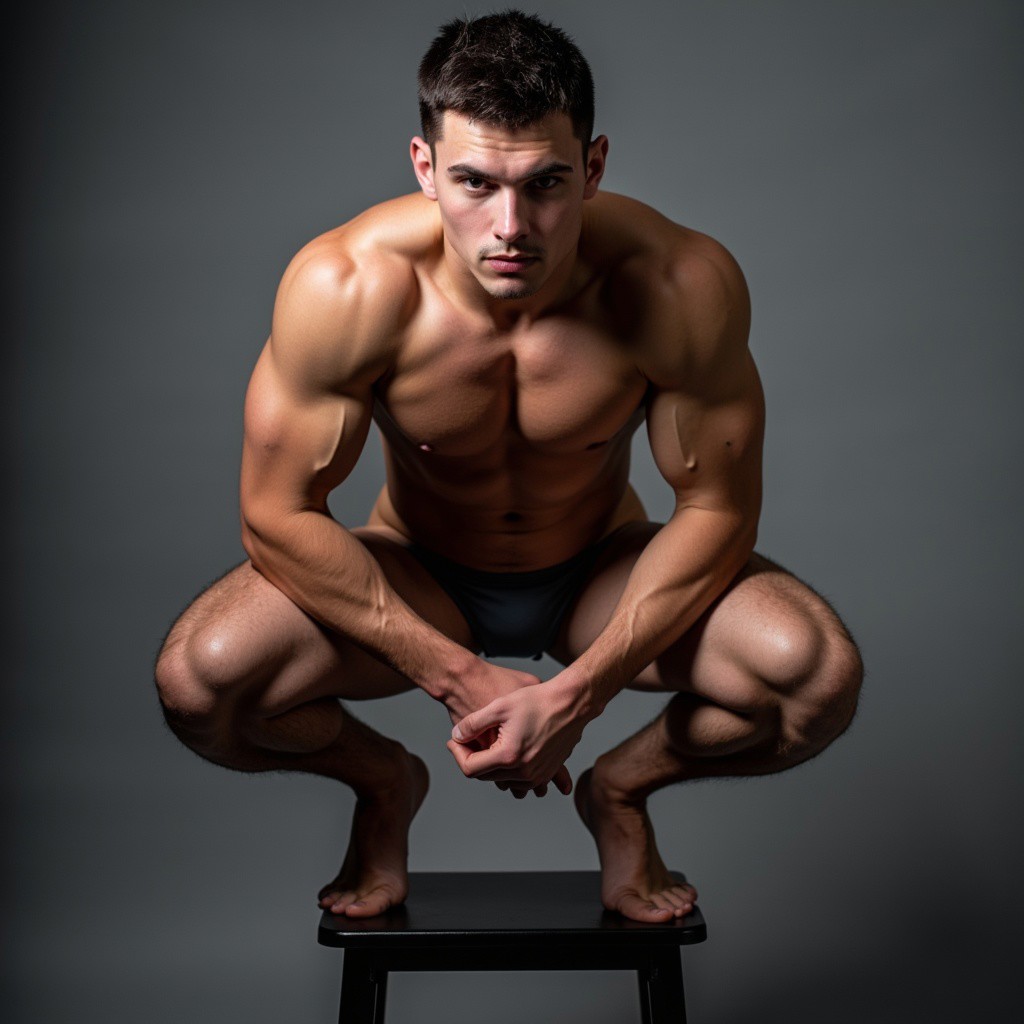 The image is a high-resolution photograph featuring a nude man with a muscular, athletic build, squatting on a black stool. The subject has a medium-dark skin tone and short, dark hair. His body is well-defined with a prominent chest, abs, and arms, and he has a visible pubic area. He is positioned in a squatting posture with his knees bent and feet flat on the stool, leaning forward slightly, hands resting on the stool for support.
