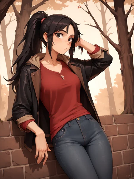 score_9, score_8_up, score_7_up, score_6_up, BREAK, BudArmstrong, solo, 1girl, long hair, black hair, ponytail, black eyes, red shirt, jeans, leather jacket, black jacket, in the forest, lean on wall, looking at viewer <lora:Buddy_Armstrong:0.9>